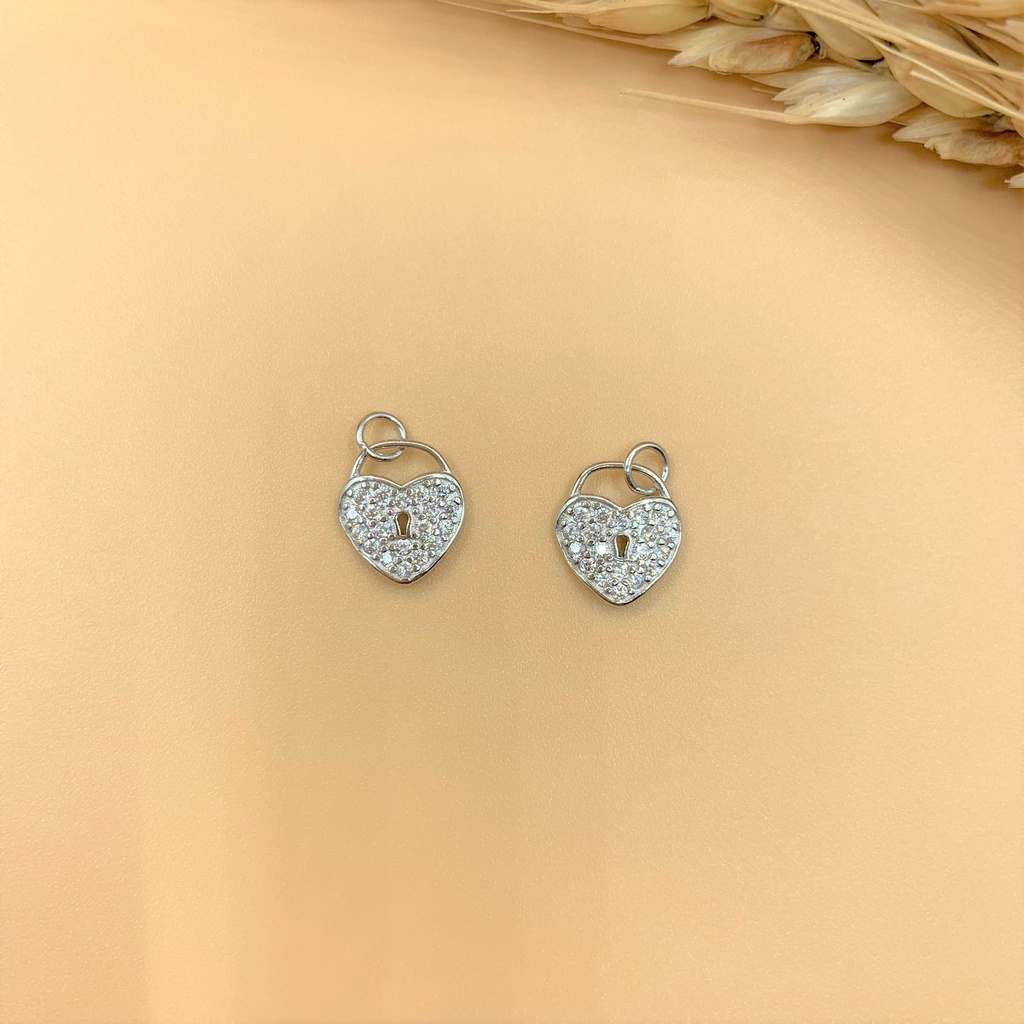 Charm móc treo ổ khóa trái tim đính đá - Charm Bạc 925 - Mã CA635
