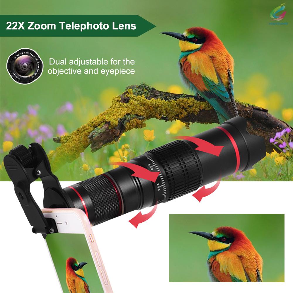 FY Portable Clip-on Phone Camera Lens Kit 22X Zoom Telephoto Lens Mobile Phone Zoom Telescope Adjustable Smartphone Lens Support Naked Eye Observation with Tripod for iPhoneX/8/7/6 Samsung Huawei Smartphone