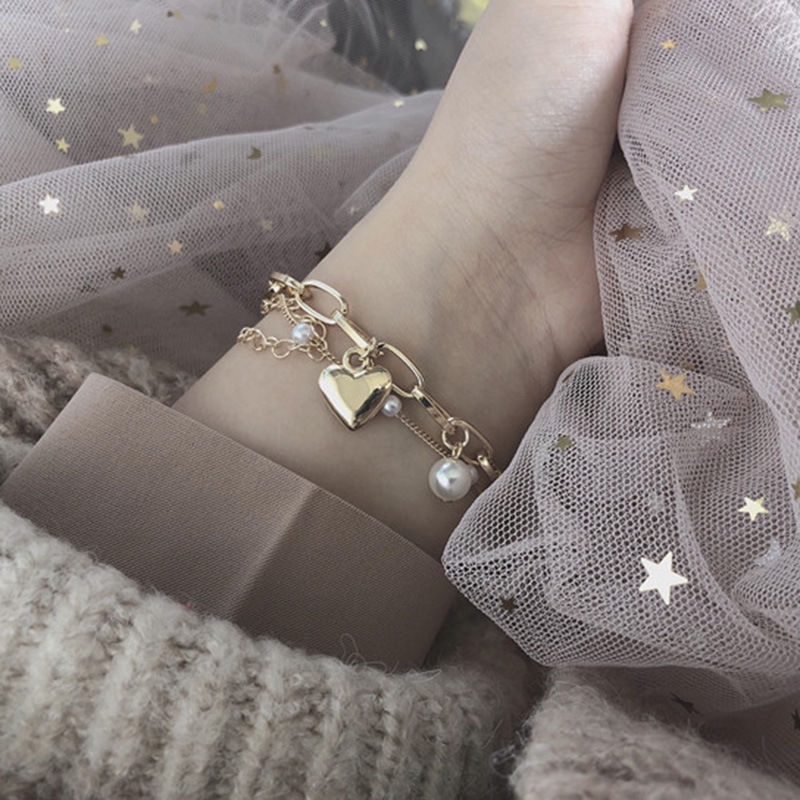 Vòng tay ngọc trai mặt trái tim hai lớp bằng kim loại phong cách mori ngọt ngào sang trọng đa năng 22453