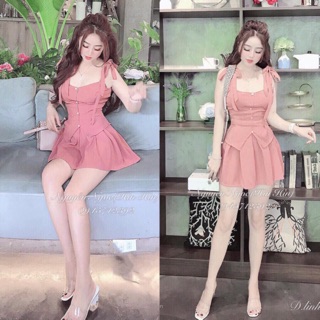 BB141 Set áo thắt nơ vai kèm váy có quần trong