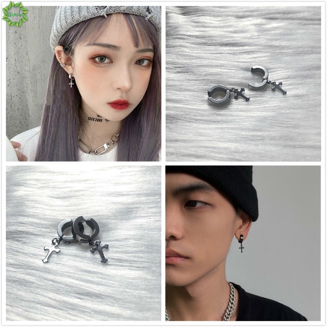 Khuyên tai dạng kẹp hình thánh giá bằng thép titan không có lỗ phong cách punk hip hop unisex