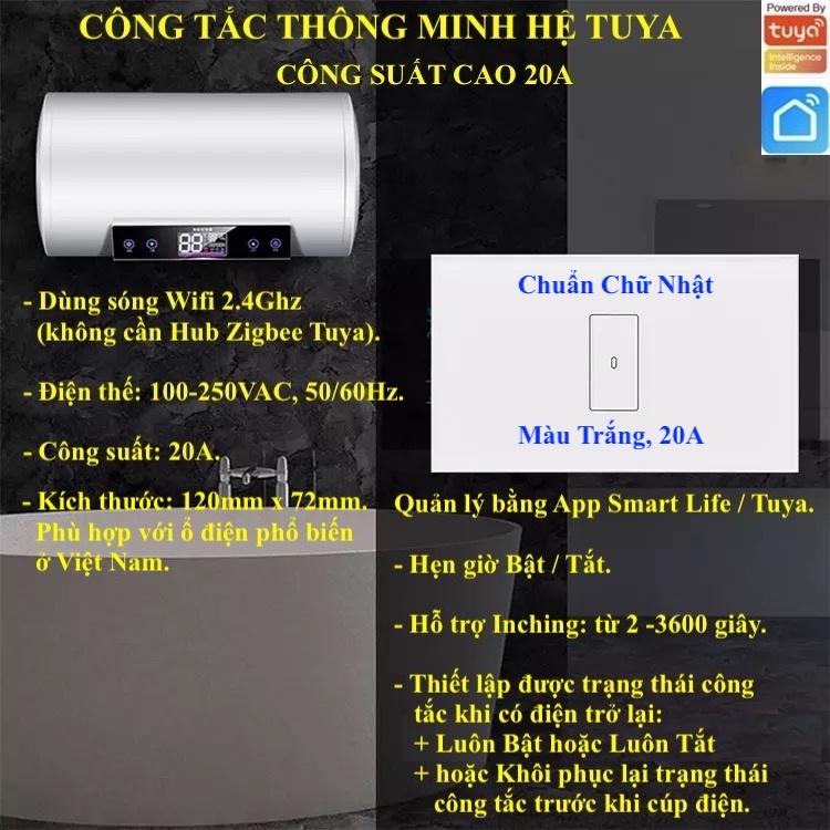 Công tắc thông minh Tuya công suất lớn 20A cho Máy nước nóng/ Máy lạnh/ Bếp điện App Tuya/ Smart Life/ Home Assistant -