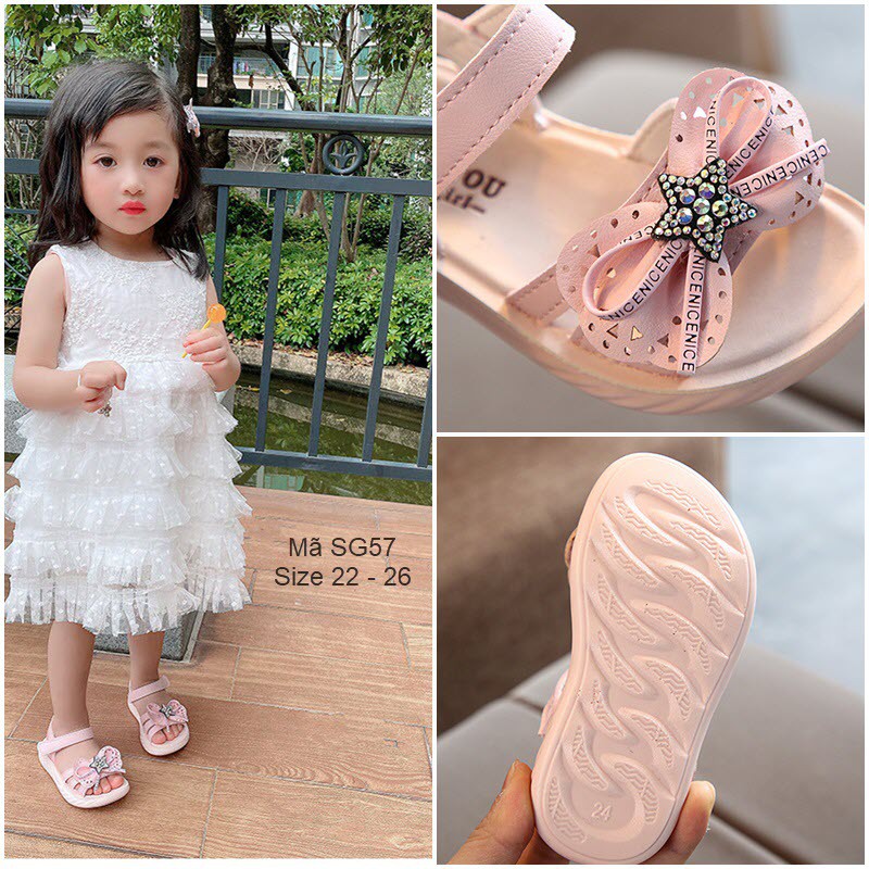 Dép sandal bé gái 1 - 3 tuổi gắn nơ da mềm siêu nhẹ đế chống trơn thời trang SG57
