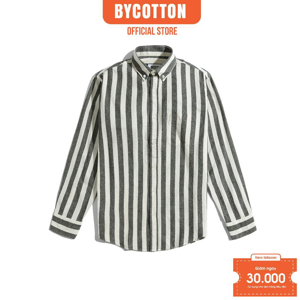 Áo Sơ Mi Nam Dài Tay Phối Sọc BY COTTON Dark Grey Cream Stripes Oxford Shirt