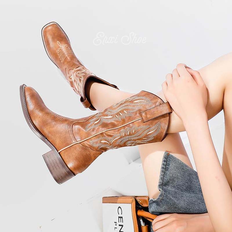 Oeteo Giày Bốt Cao Bồi Thêu Hình Chữ V Thời Trang Phương Tây Mùa Thu Cho Nữ