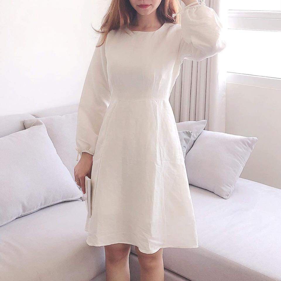 Đầm tiểu thư cổ tròn tay phồng kèm nơ siêu xinh