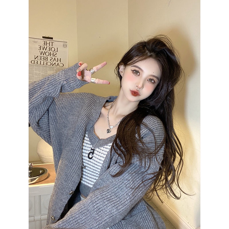 COZOK Set Áo Khoác Cardigan Dệt Kim + Áo Hai Dây Màu Sắc Tương Phản Thời Trang