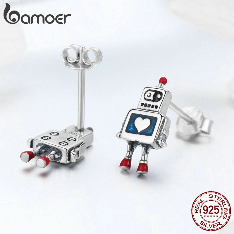 Khuyên Tai Bamoer SCE477 Bạc 925 Thật Hình Người Máy Trái Tim Mang Nét Tuổi Thơ Thời Trang Dành Cho Nữ