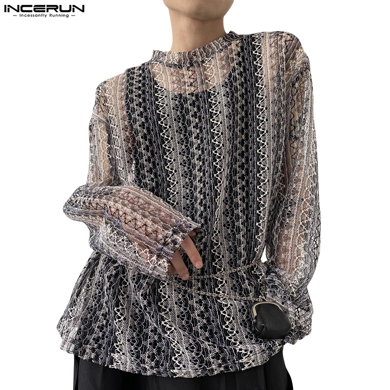 Áo dài tay INCERUN trong suốt kẻ sọc phối khóa kéo kiểu vintage thời trang mùa hè cho nam