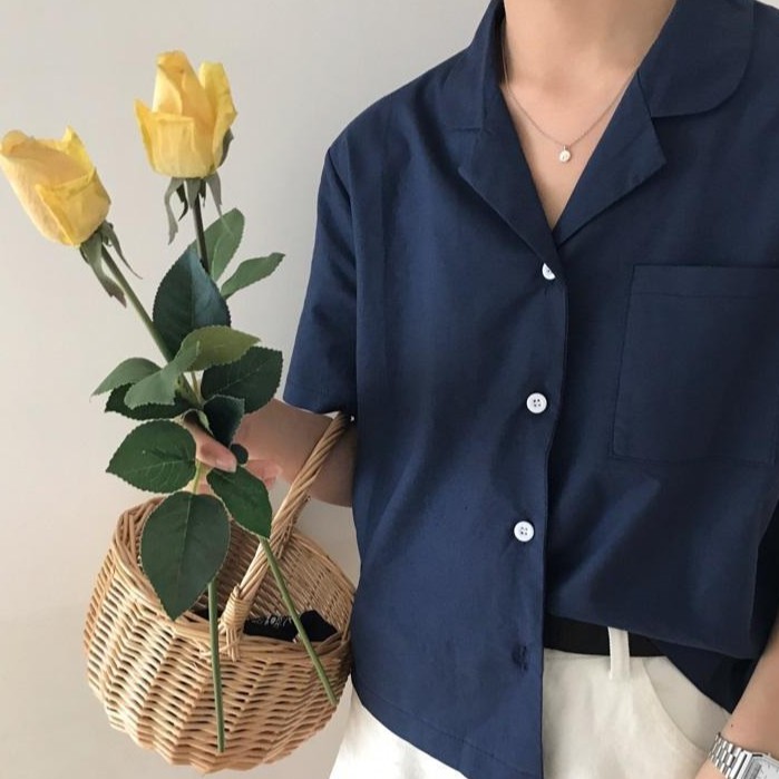Áo Sơ Mi Tay Ngắn Cổ Bẻ Dáng Rộng Phong Cách Hàn Quốc Thời Trang Cho Nữ