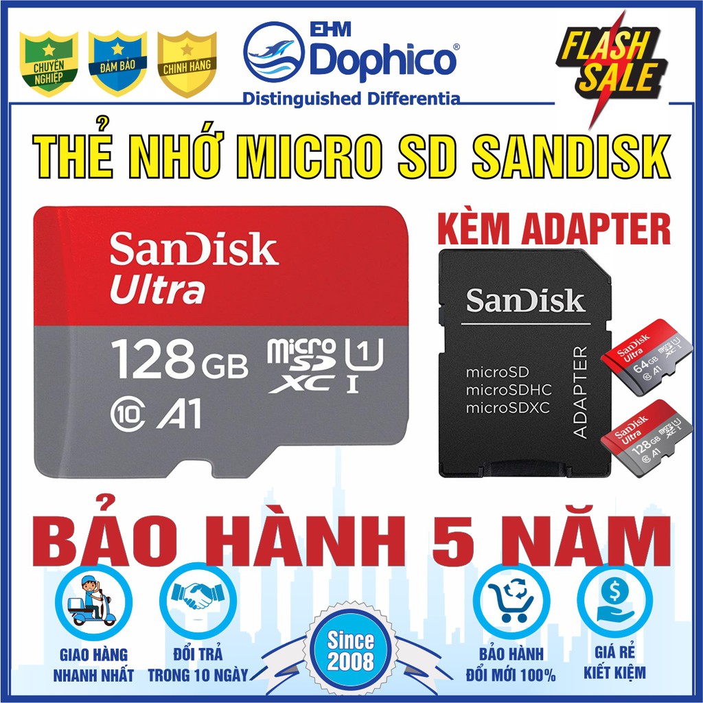 Thẻ nhớ SanDisk 128GB/64GB - MircoSD UltrClass10 – Chính Hãng – Bảo hành 5 năm - Kèm Adapter