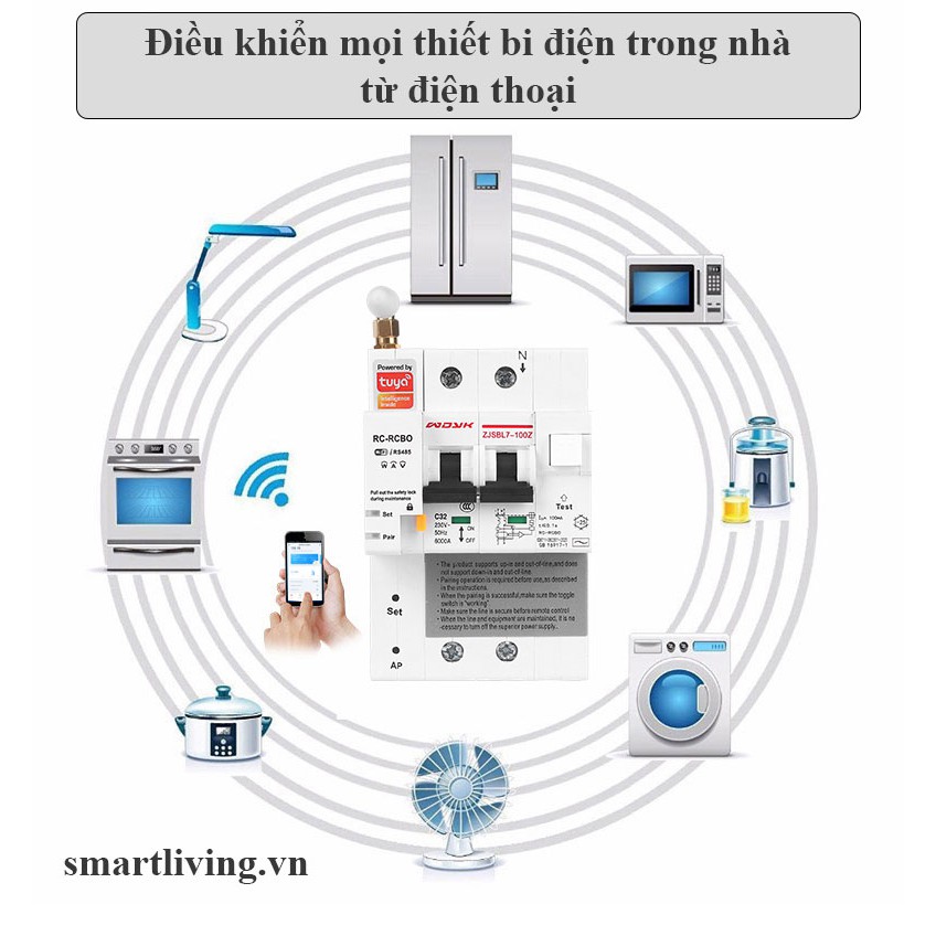 Aptomat CB thông minh Wifi Tuya 2P dòng 63A 40A có đo điện tiêu thụ