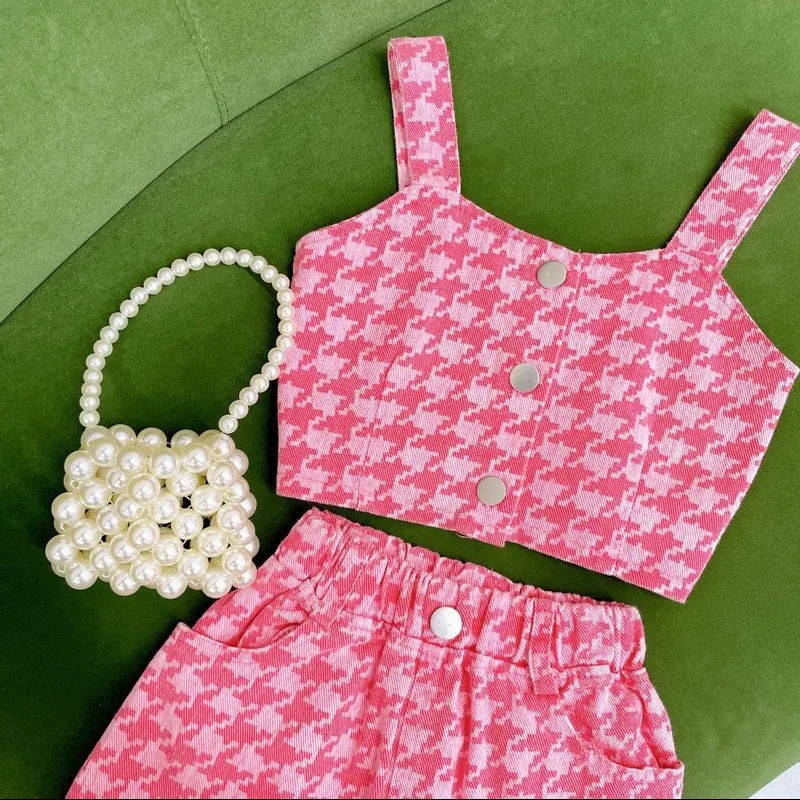 Set Áo Sát Nách + Chân Váy Hồng Họa Tiết Houndstooth Phong Cách Đường Phố Mùa Hè Cho Bé Gái