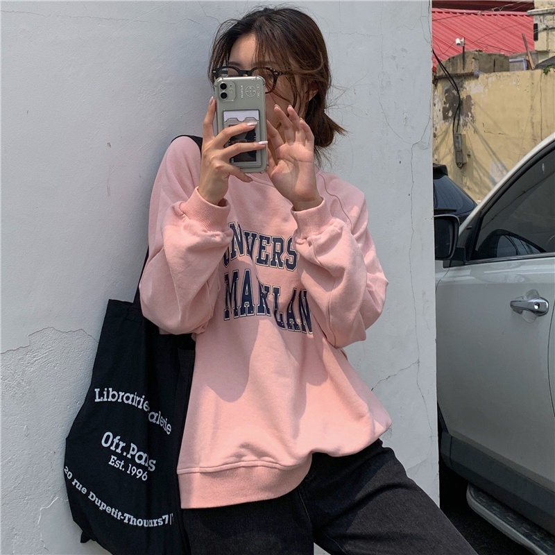 Áo sweater tay dàI cổ tròn in chữ thiết kế mớI phong cách hàn quốc