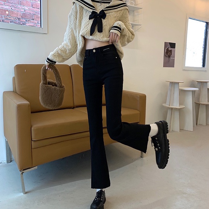 Quần jean ống loe cạp cao nữ vải bò giấy co giãn phong cách cá tính Hàn Quốc Ulzzang QB2