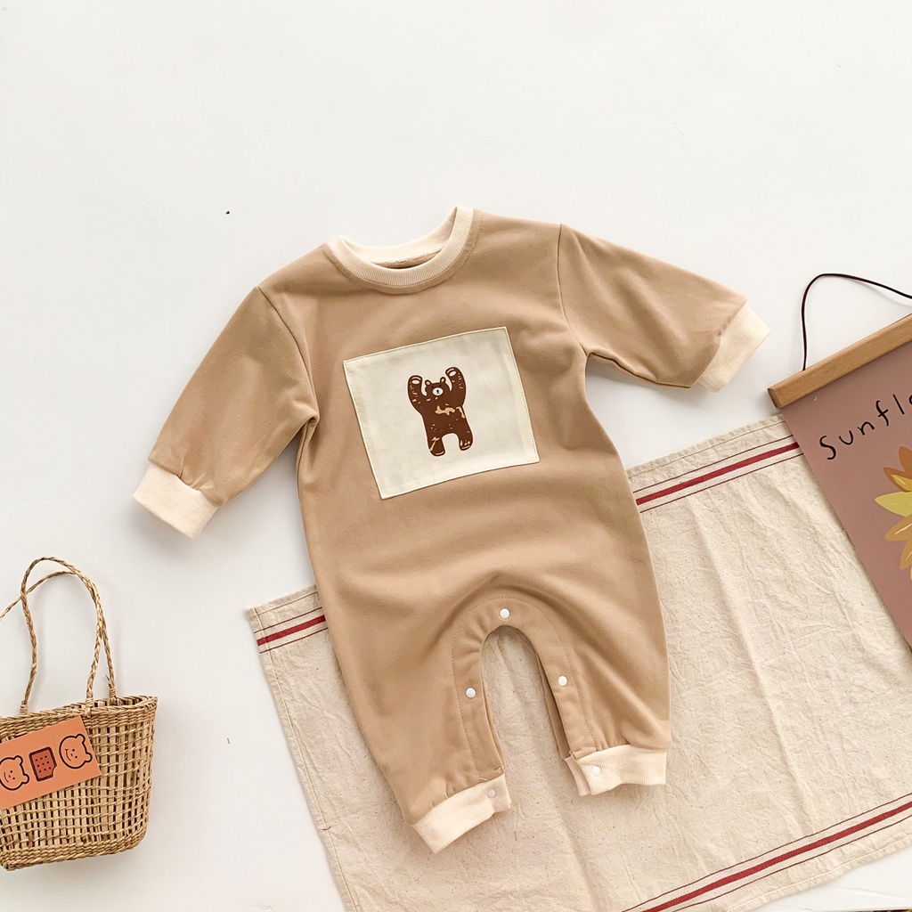 Áo Liền Quần Tay Dài In Hình Gấu Đáng Yêu Thoải Mái Cho Bé Sơ Sinh 0-24 Tháng Tuổi