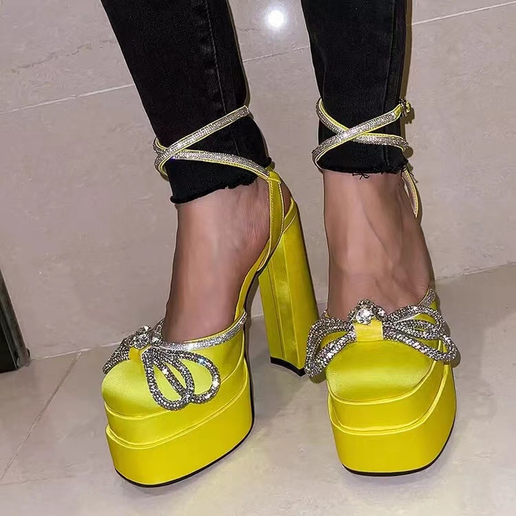 Giày sandal cao gót vải satin đính đá chống nước thời trang hè năm 2022 cho nữ