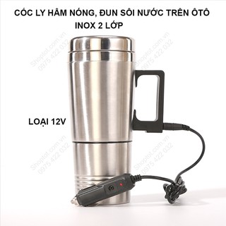 CỐC LY HÂM NÓNG, ĐUN NƯỚC SÔI TRÊN XE HƠI 12V-WK201, BẰNG INOX 2 LỚP, CÓ ĐẾ LÀM CỐC LY UỐNG NƯỚC