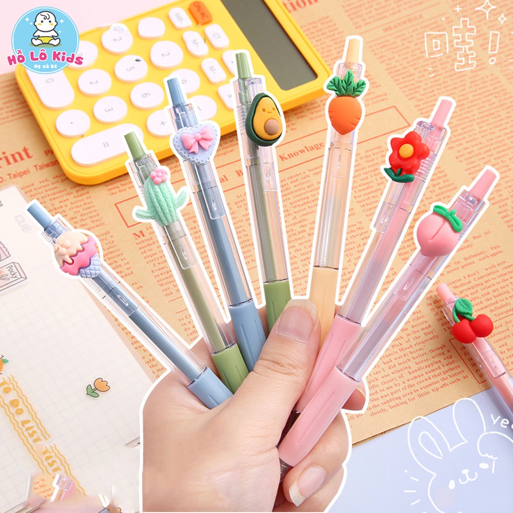 Bút bi nước cute mực đen ngòi 0.5mm, vỏ bút trong suốt gắn hoa quả dễ thương Hồ Lô Kids
