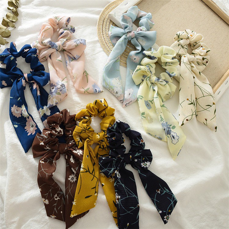 Cột tóc vải Scrunchies thắt nơ dài họa tiết hoa vintage - Mã SC012