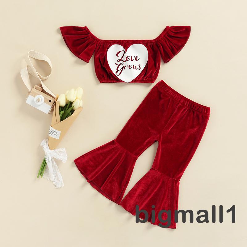 Set trang phục áo kiểu trễ vai họa tiết trái tim và quần dài ống loe lưng thun thời trang dành cho bé gái 1-6 tuổi