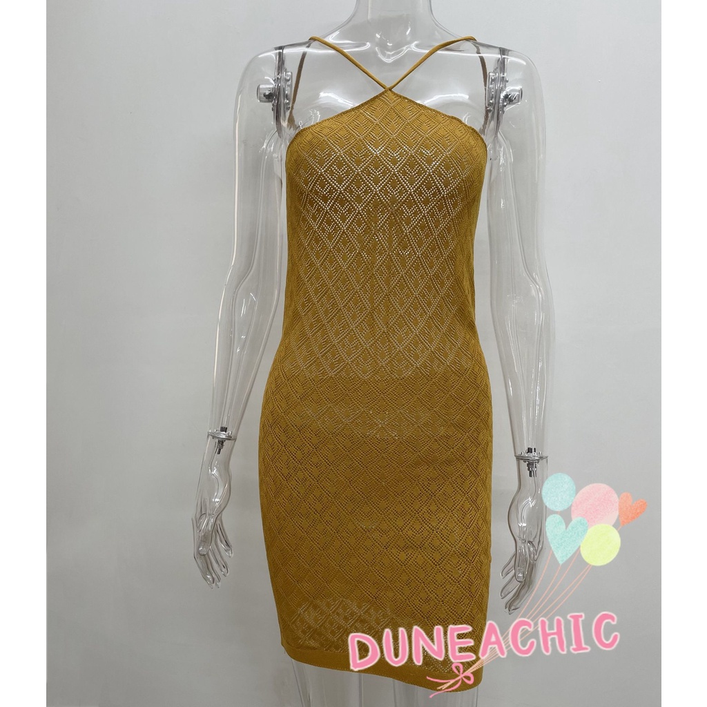 DUNEA Đầm Hai Dây Hở Lưng Kẻ Sọc Caro Xinh Xắn Cho Nữ