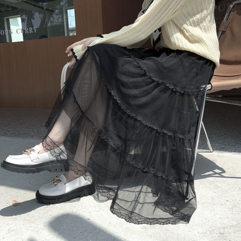 Chân Váy Chữ A Phối Ren Lưới Thời Trang Thu Đông Phong Cách Mới Cho Nữ