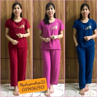 Bộ đũi Tay cộc Quần dài Trung Niên cho mẹ - Bộ đũi Phối thêu Cho Mẹ cho Bà