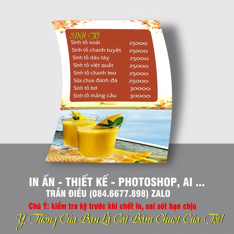 Menu Bảng giá  mika đứng A4, thiết kế và in theo yêu cầu