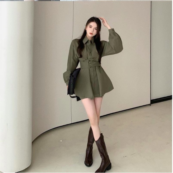 ĐẦM SƠ MI / ĐẦM BẦU /  ÁO SƠ MI FORM RỘNG DÁNG DÀI NỮ MÀU RÊU GIẤU QUẦN QUẤN EO THẮT NƠ COTI OFFICIAL