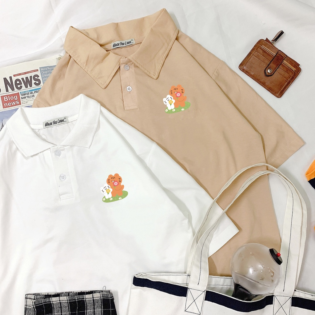 Áo Thun Polo Cổ Trụ Tay Lỡ 2 Con Hổ Hoa Unisex nam nữ form rộng pull Ulzzang Streetwear Hàn Quốc vải mềm