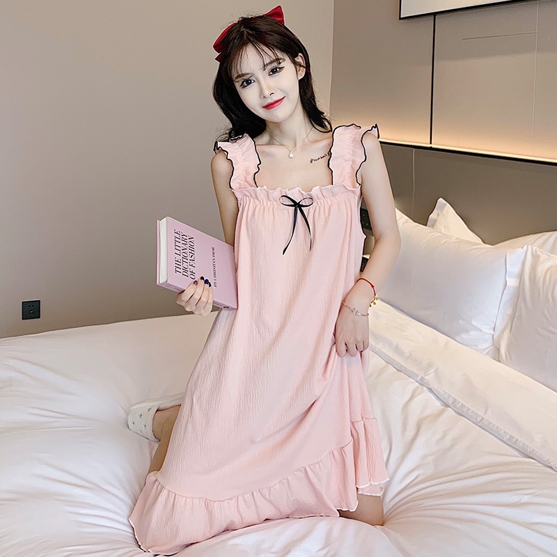 Đầm Ngủ Cotton Hai Dây  Ngực Màu Trơn Thời Trang Mùa Hè Hàn Quốc Dễ Thương
