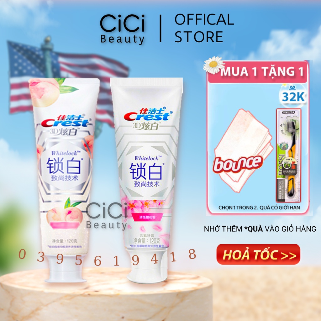 Kem đánh răng Crest Hoa Anh Đào, Quả Đào, Hoa Hồng 120g - Hương thơm lãng mạn trắng sáng