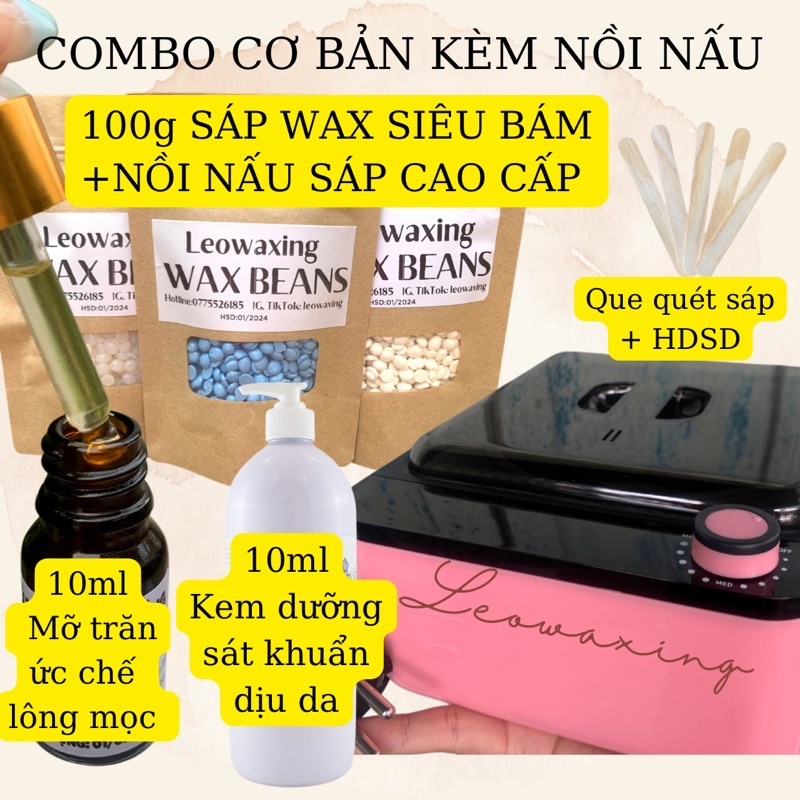 COMBO WAX CƠ BẢN KÈM NỒI NẤU + 100G SÁP + 10ML KEM DƯỠNG + 10ML MỠ TRĂN + QUE QUÉT SÁP