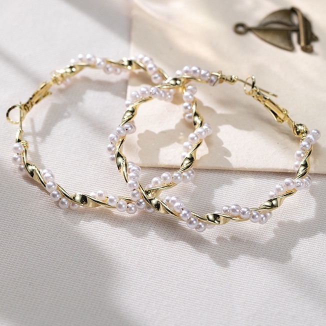 Khuyên Tai Nữ Hình Tròn Đính Ngọc Trai Phong Cách boho Mới