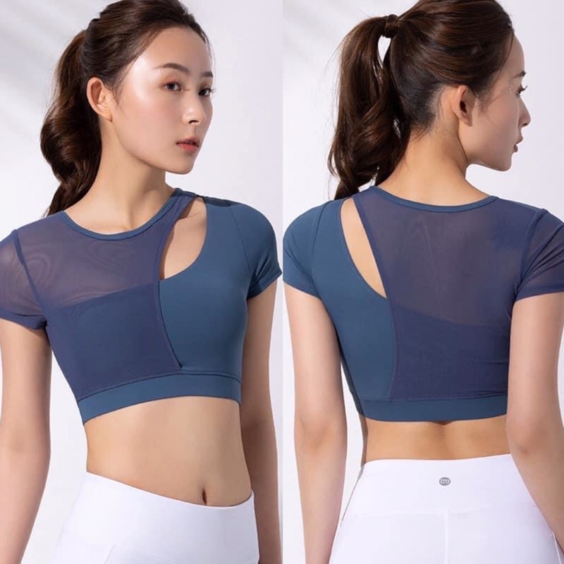 Áo croptop lệch vai phối lưới có sẵn mút tập gym yoga nữ