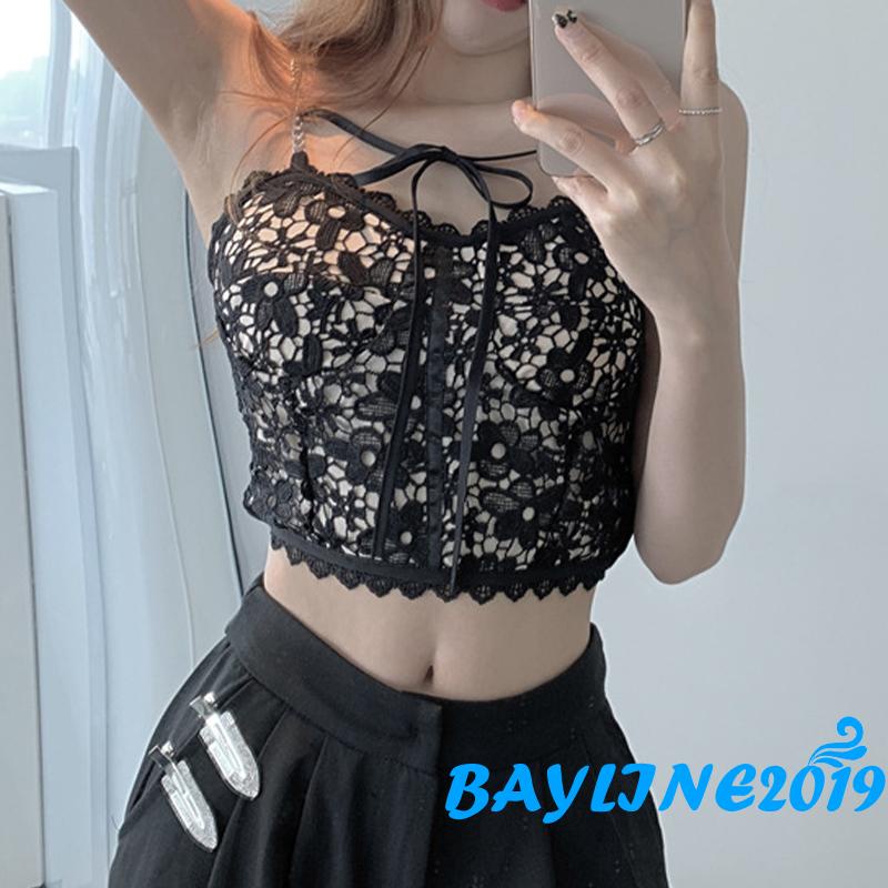Áo Croptop Hai Dây Phối Ren Và Dây Xích Kim Loại Hình Hoa Dành Cho Nữ