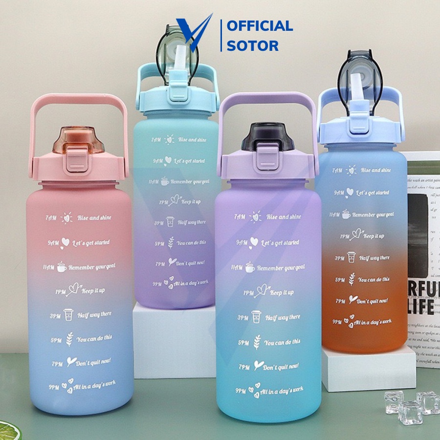 Bình nước 2 lít chia vạch nhắc thời gian uống nước kèm sticker cute