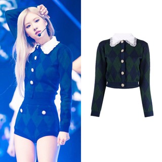 Áo khoác cardigan dệt kim tay dài cổ búp bê phối ren họa tiết sọc ca rô phong cách Rose Blackpink hàn quốc cho nữ