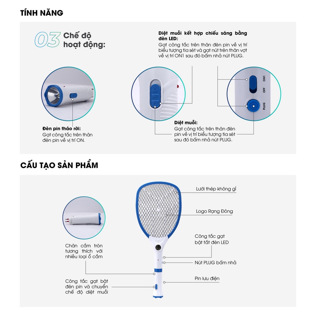 Vợt bắt muỗi Rạng Đông Chính hãng cỡ lớn, công suất 3.5W bắt muỗi hiệu quả, lưới bảo vệ an toàn