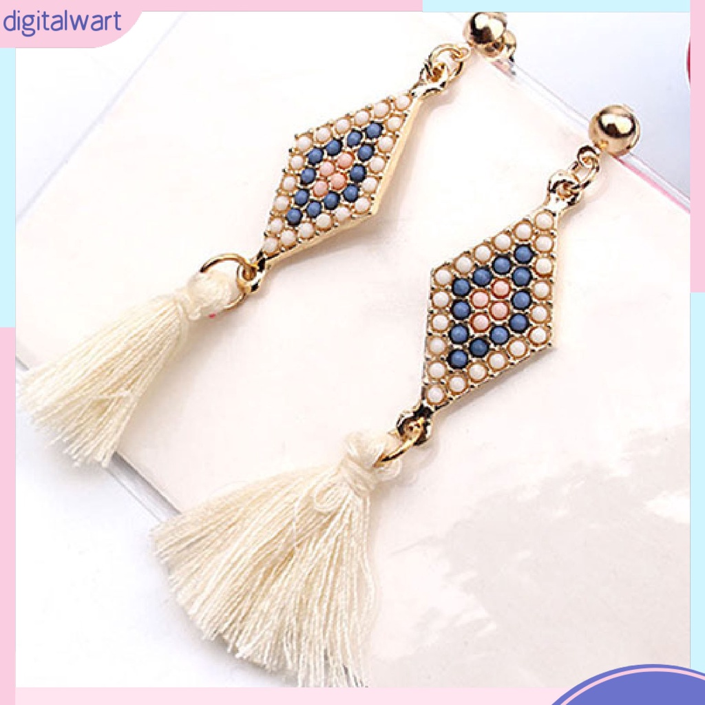 Cặp khuyên tai hình thoi đính đá phối bông tua rua cá tính sang trọng dành cho nữ