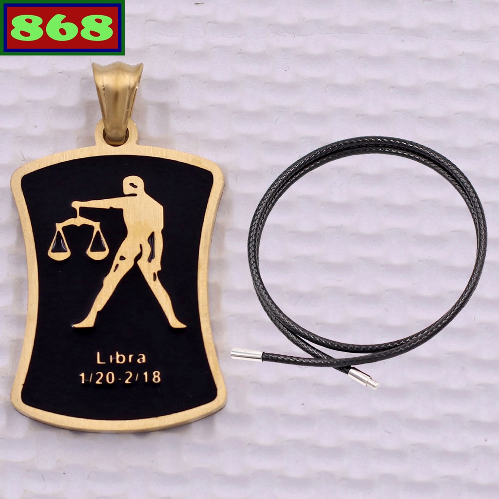 Cung hoàng đạo-Mặt dây chuyền cung Thiên Bình (Libra) inox vàng kèm vòng cổ dây cao su đen