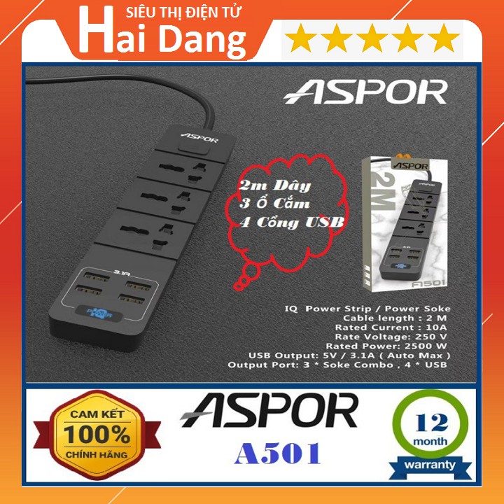 Ổ cắm điện, Ổ Cắm điện thông minh Aspor A501EU Hỗ trợ sạc nhanh 3.1A Với 4 Cổng USB,Dây dài 2M Tiêu Chuẩn EU