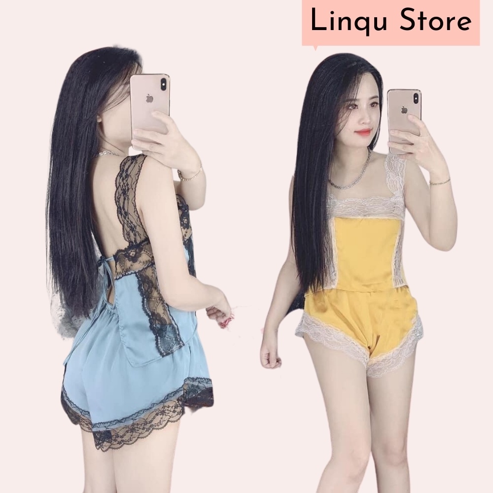 Đồ Ngủ Sexy 2 Dây Chất Lụa Satin Phối Ren Mềm Mịn Freesize Dưới 60kg - Linqu Sleepwear