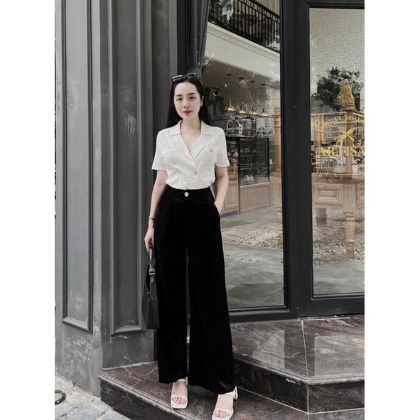 Set áo cổ vest cúc đồng dập nổi mix quần nhung suông
