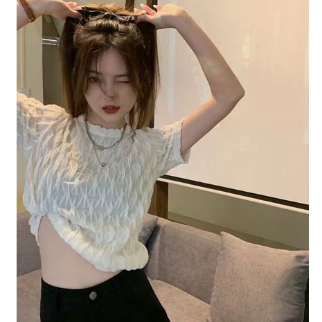 Áo Thun Nữ Ngắn Tay Cổ Tròn Phối Ren Thời Trang Hàn Quốc