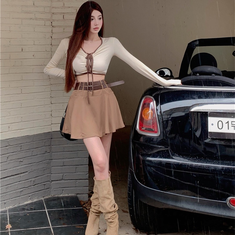 Bộ Áo Thun Tay Dài Dáng Ôm + Chân Váy Chữ A Eo Cao Quyến Rũ Trẻ Trung Cho Bạn