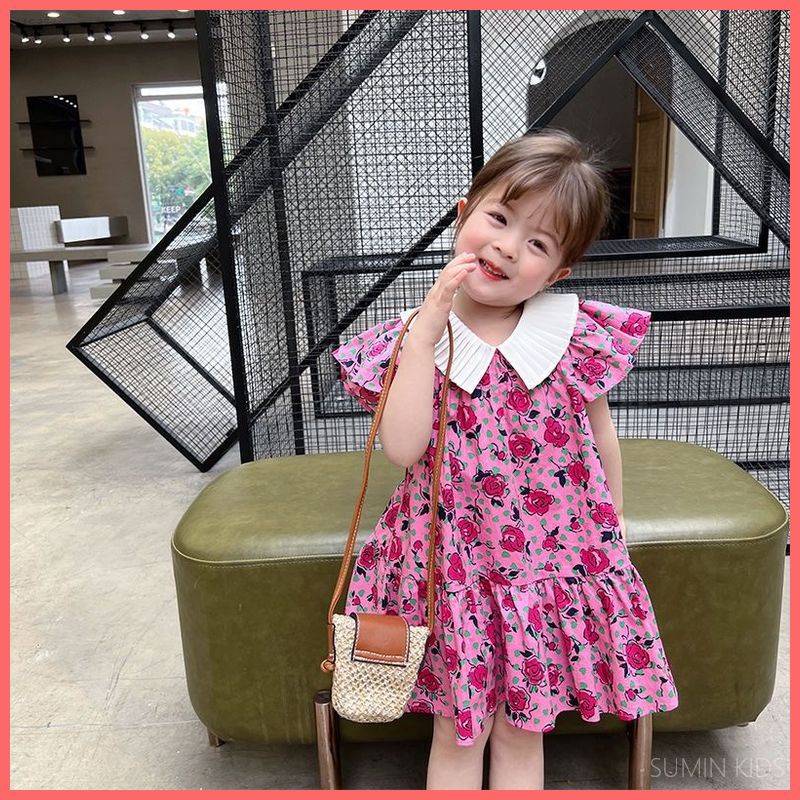 Váy cho bé gái - Quần áo trẻ em Sumin Kids - Chất thô mềm hoạ tiết hoa hồng tím cổ trắng dập ly