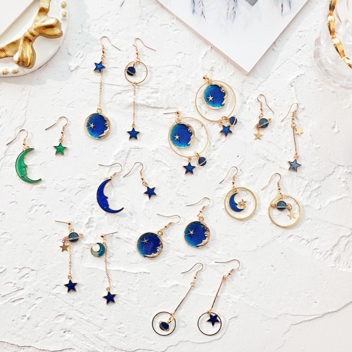 Khuyên Tai Bất Đối Xứng Hình Ngôi Sao Mặt Trăng Thời Trang