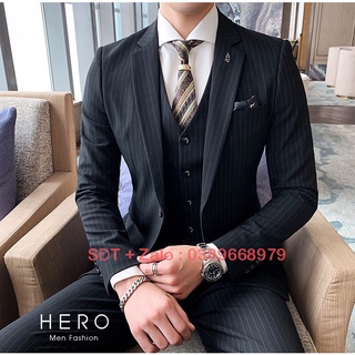 Vest nam hàn quốc kẻ sọc đen, bộ vest nam kẻ sọc, suit nam thanh niên, bộ suit nam vải sịn.
